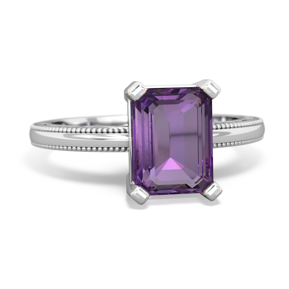 Amethyst Milgrain Scroll 14K White Gold ring R2338