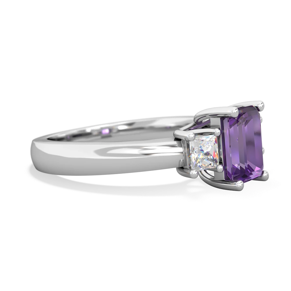 Amethyst Diamond Three Stone Emerald-Cut Trellis 14K White Gold ring R4021