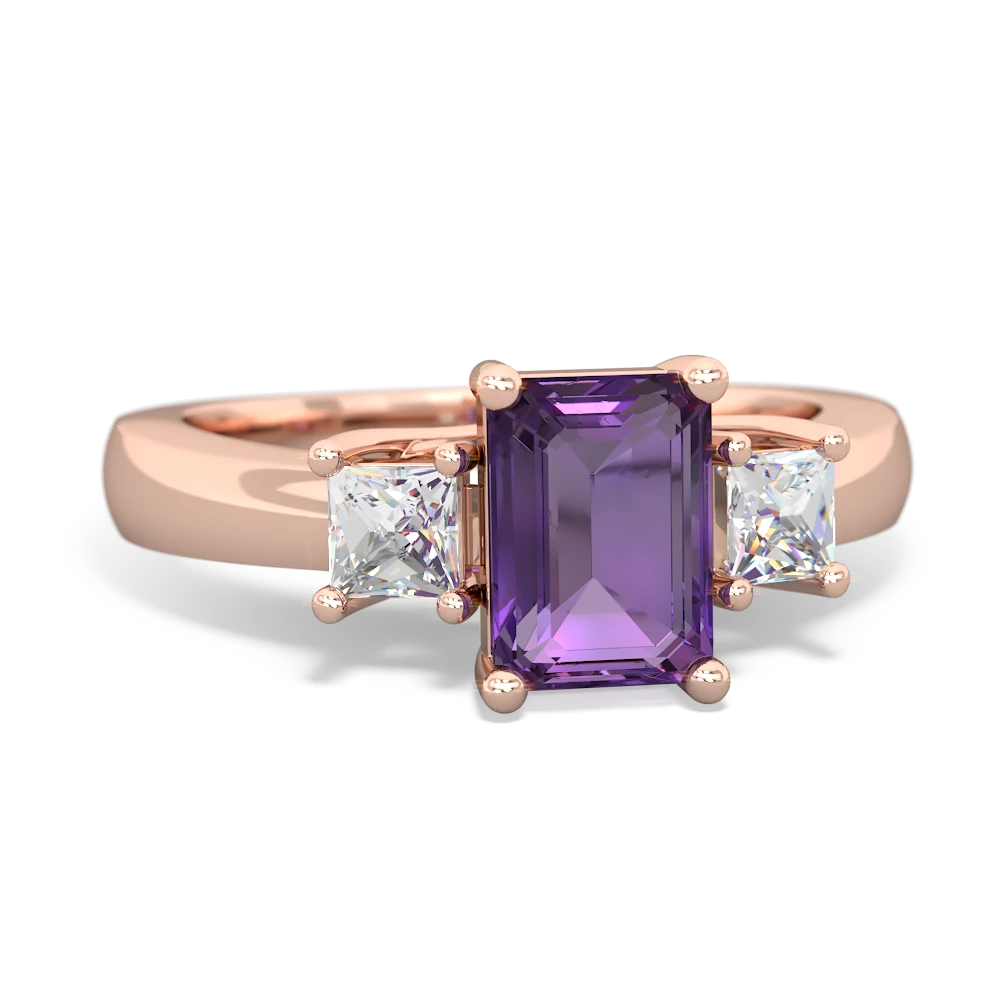 Amethyst Diamond Three Stone Emerald-Cut Trellis 14K Rose Gold ring R4021