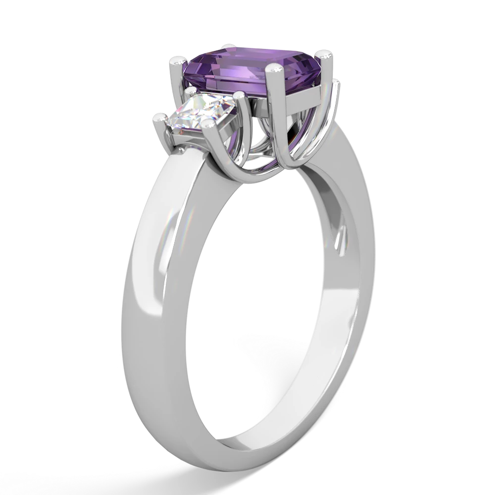 Amethyst Diamond Three Stone Emerald-Cut Trellis 14K White Gold ring R4021