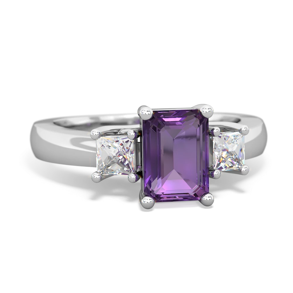 Amethyst Diamond Three Stone Emerald-Cut Trellis 14K White Gold ring R4021