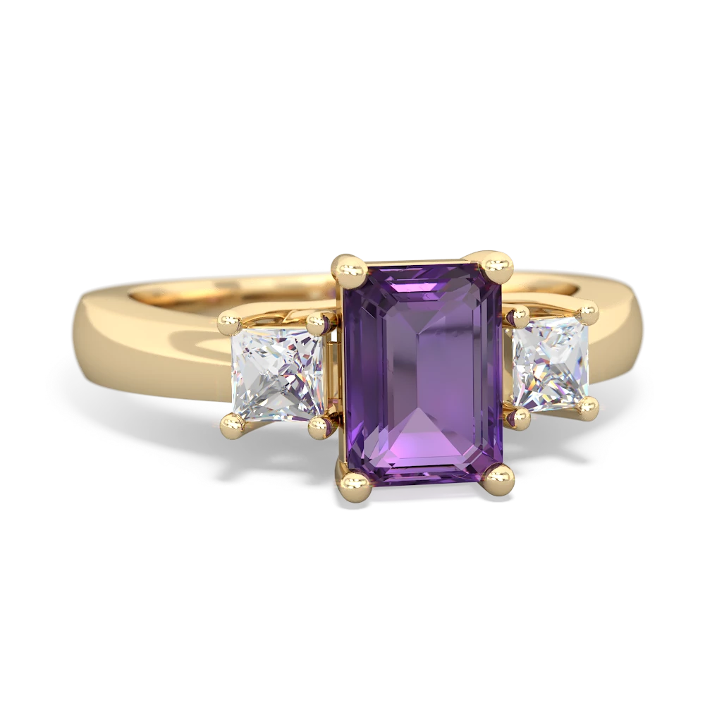 Amethyst Diamond Three Stone Emerald-Cut Trellis 14K Yellow Gold ring R4021