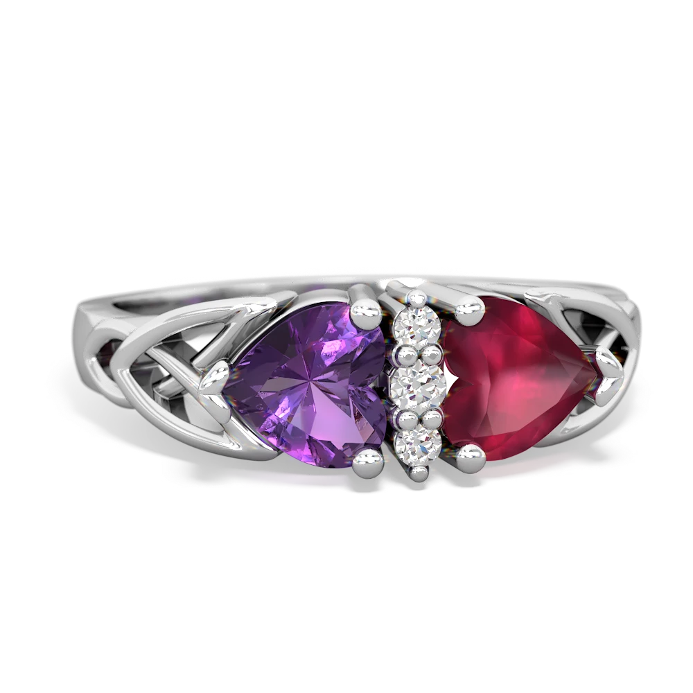 Amethyst Celtic Knot Double Heart 14K White Gold ring R5040