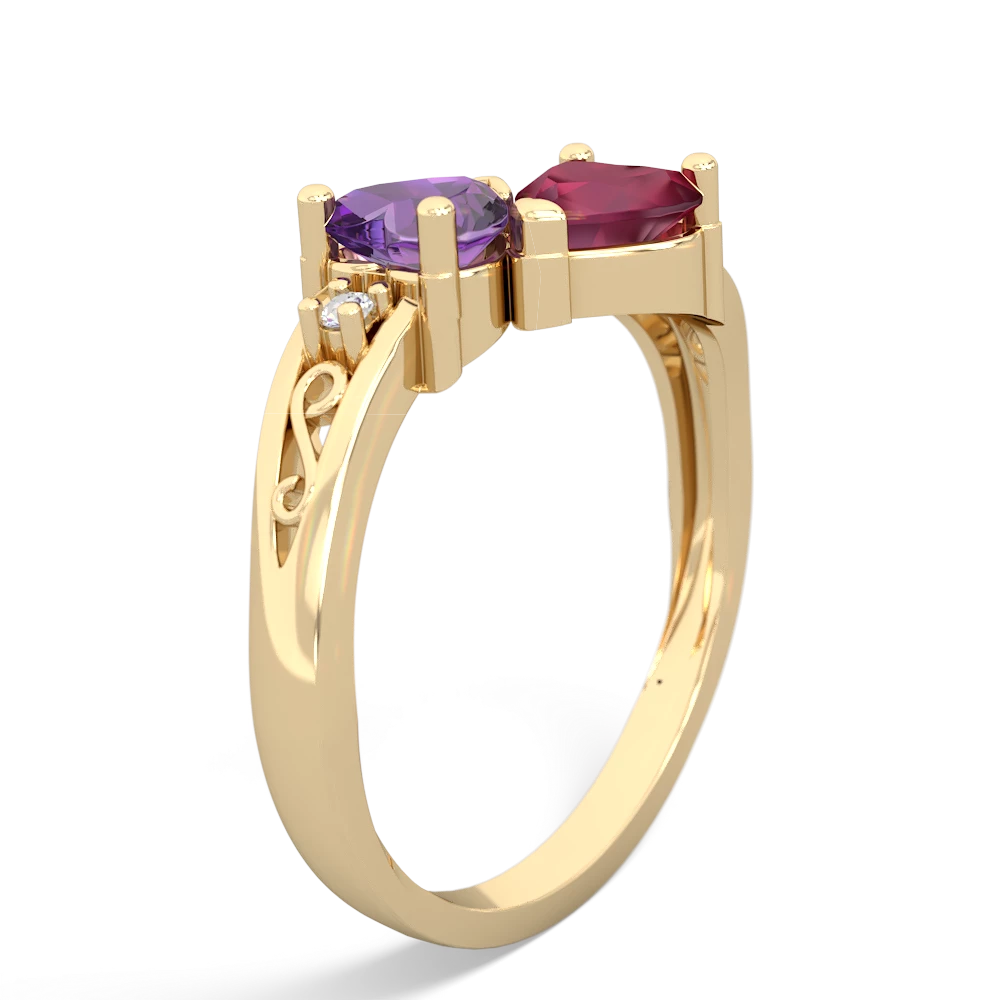 Amethyst Snuggling Hearts 14K Yellow Gold ring R2178