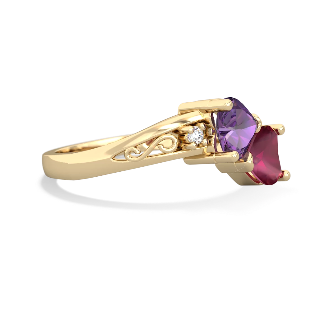 Amethyst Snuggling Hearts 14K Yellow Gold ring R2178