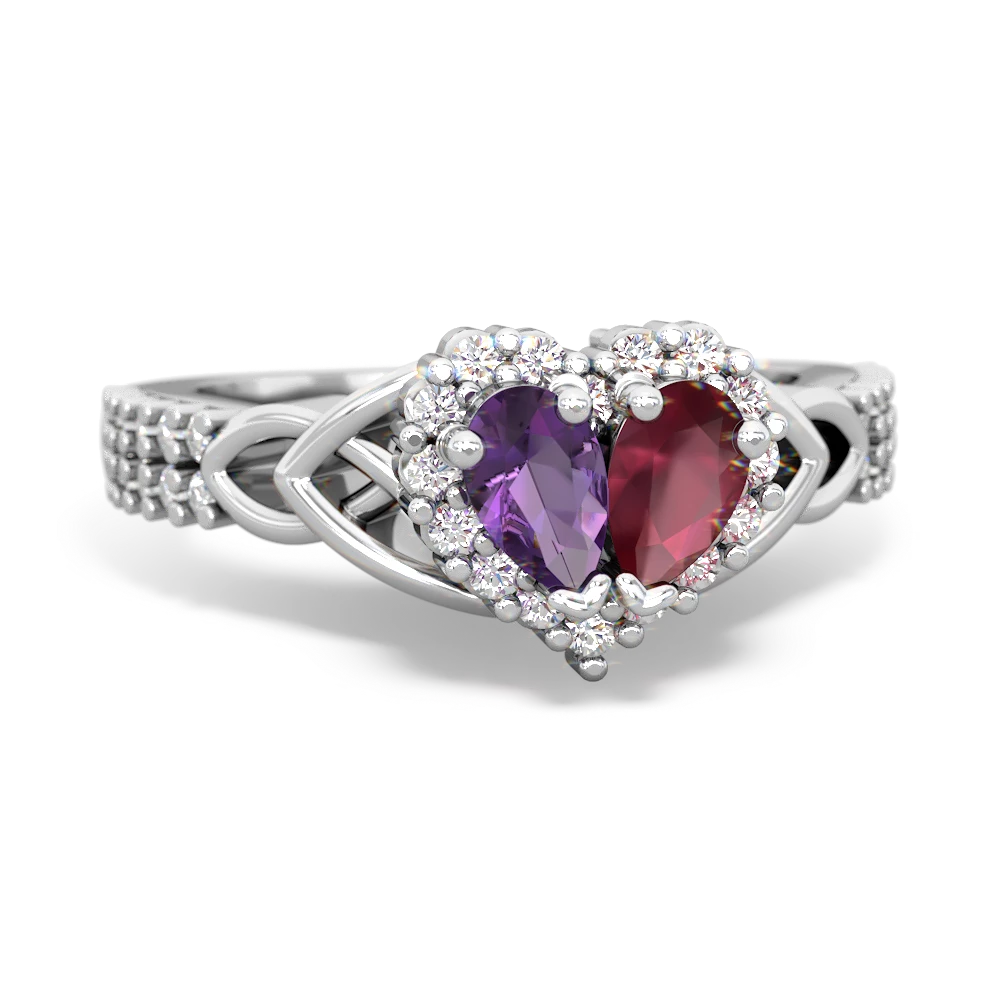 Amethyst Celtic Knot Two Hearts As One 14K White Gold ring R2644HRT