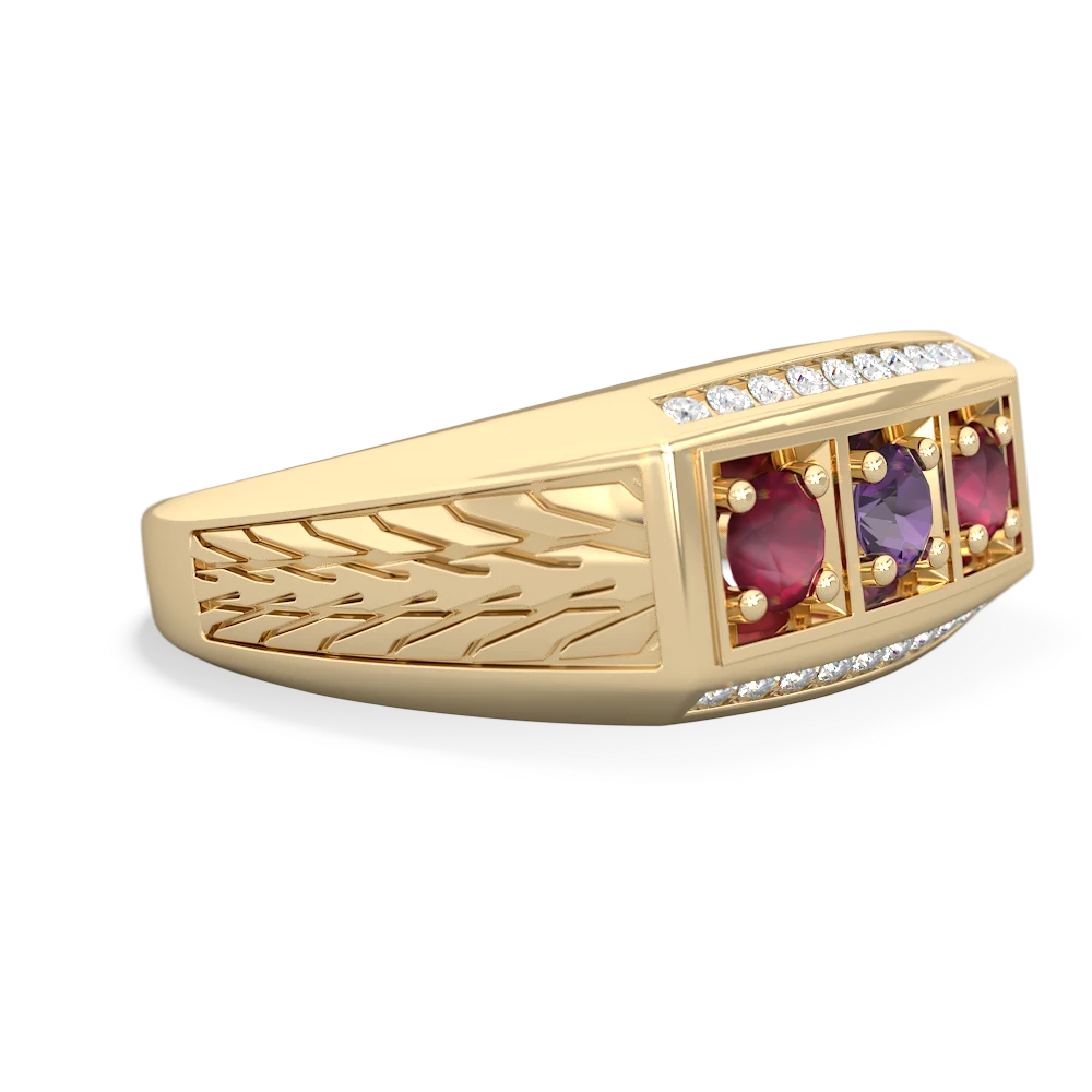 Amethyst Three Stone Tire Tread Men's 14K Yellow Gold ring R0520