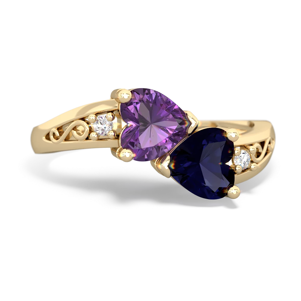 Amethyst Snuggling Hearts 14K Yellow Gold ring R2178