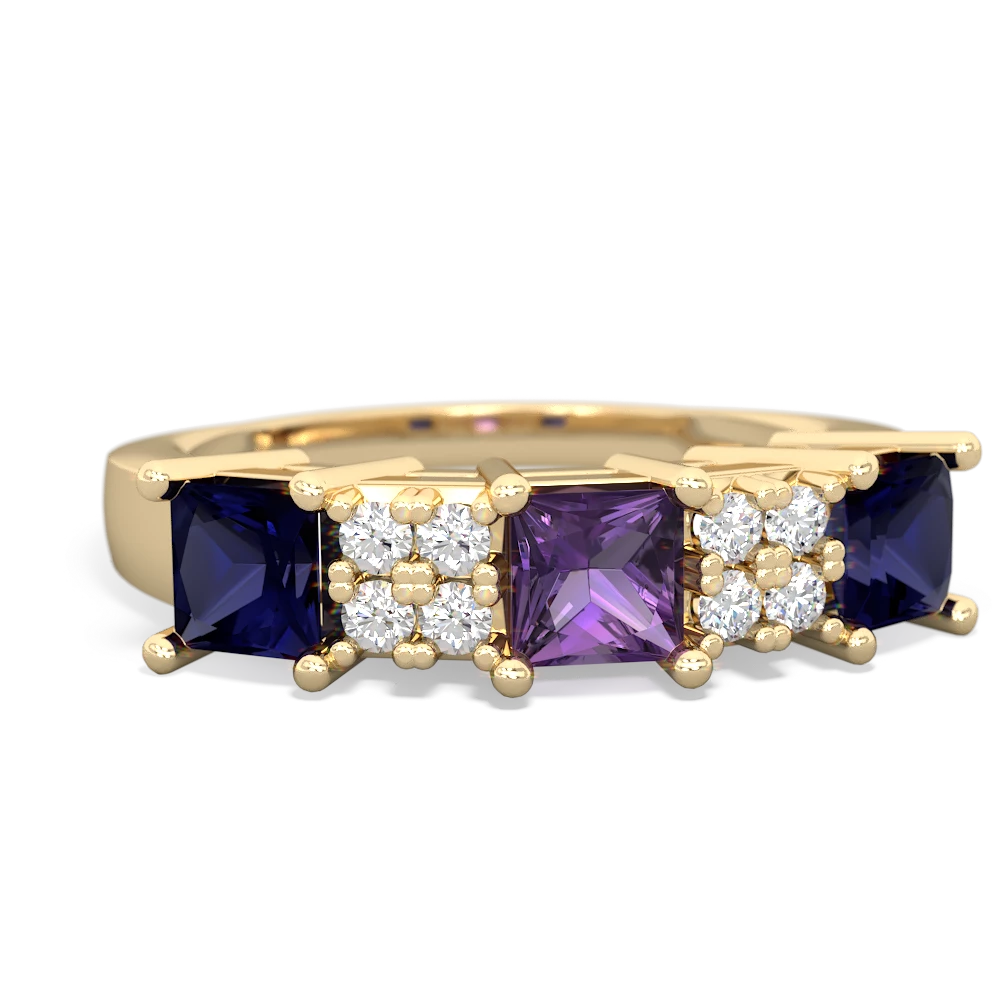Amethyst Three Stone Diamond Cluster 14K Yellow Gold ring R2592