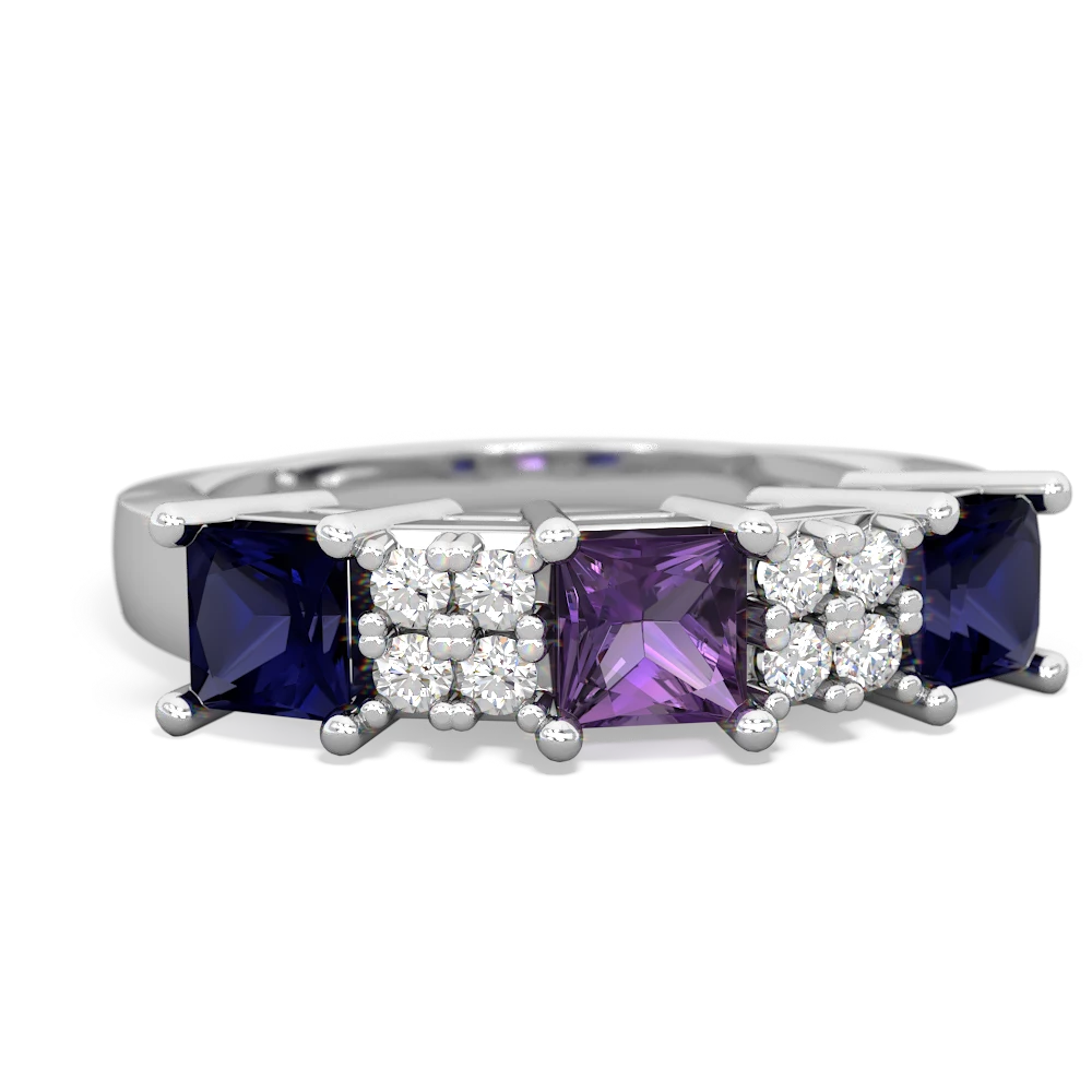 Amethyst Three Stone Diamond Cluster 14K White Gold ring R2592