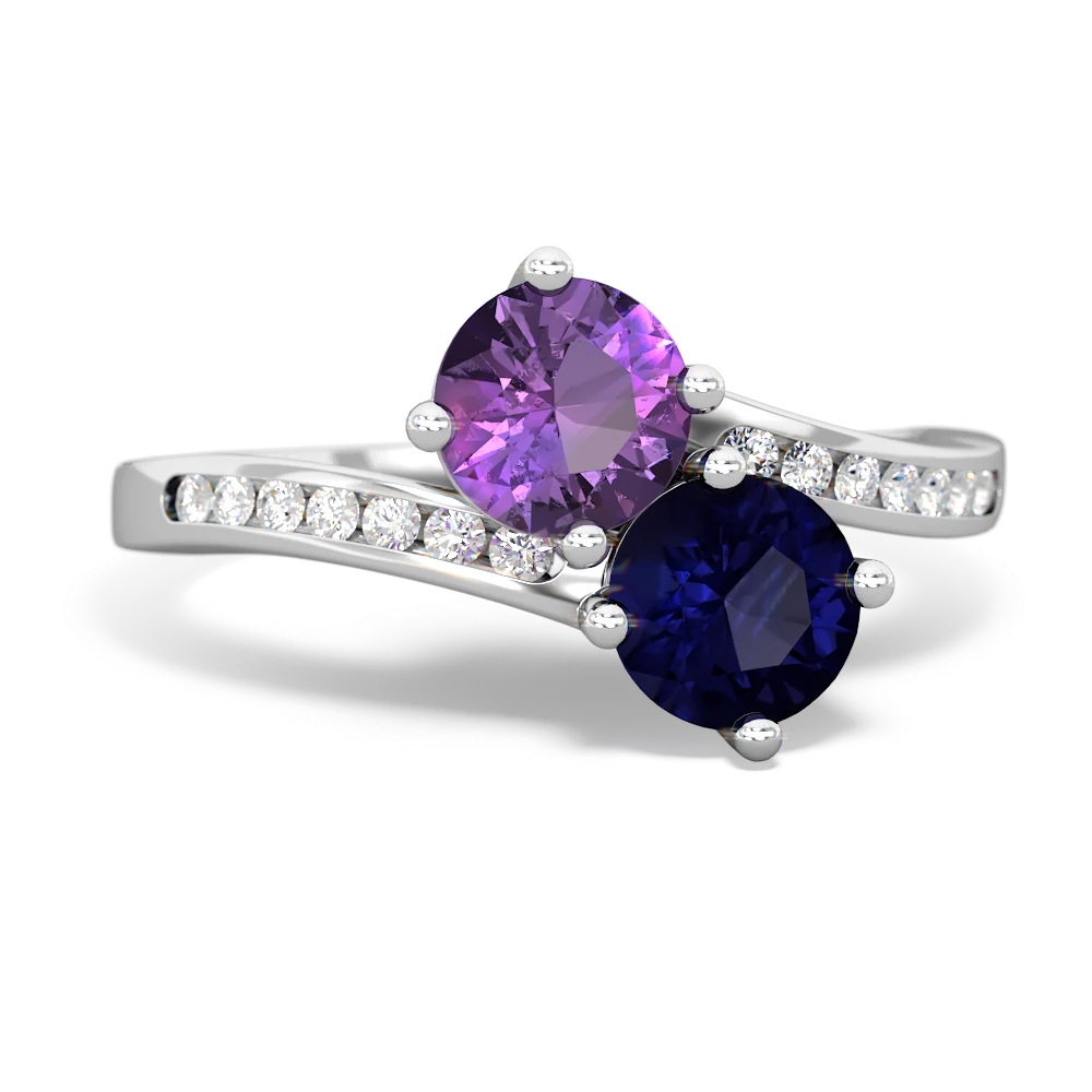 14K White Gold Amethyst with Sapphire Channel Set Two Stone Ring