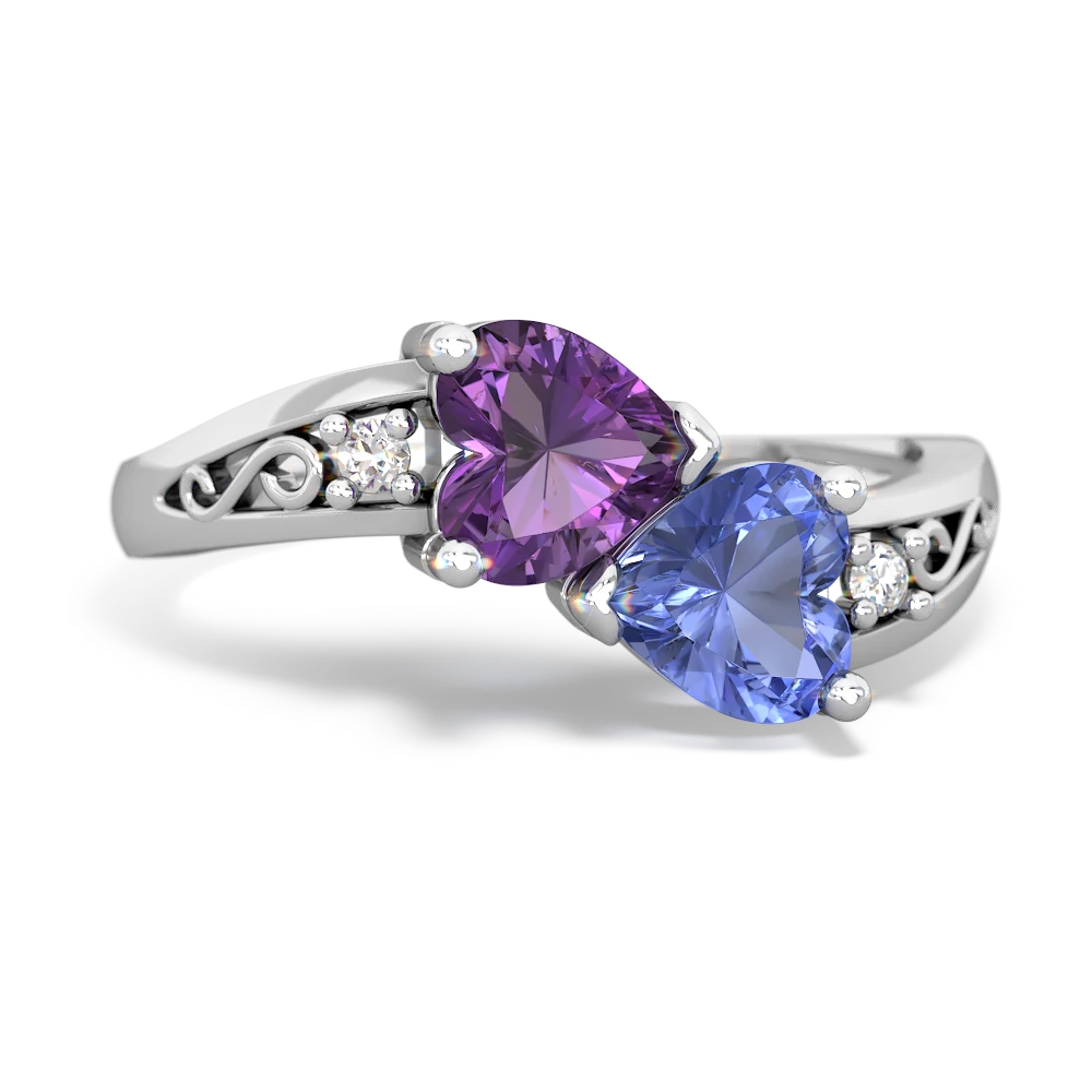 Amethyst Snuggling Hearts 14K White Gold ring R2178