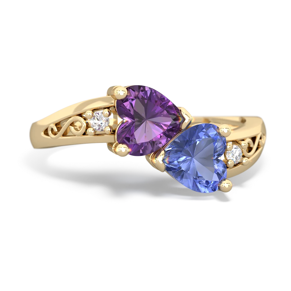 Amethyst Snuggling Hearts 14K Yellow Gold ring R2178