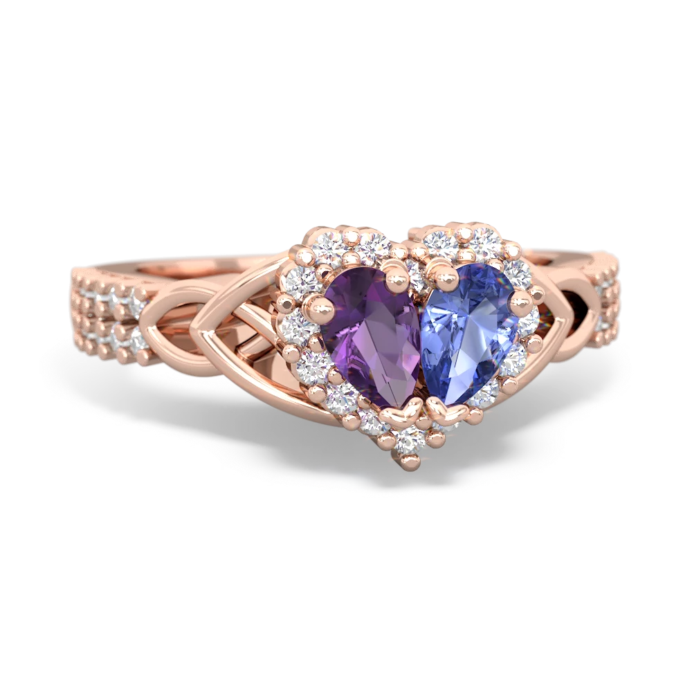 Amethyst Celtic Knot Two Hearts As One 14K Rose Gold ring R2644HRT