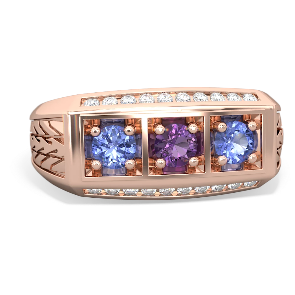 Amethyst Three Stone Tire Tread Men's 14K Rose Gold ring R0520