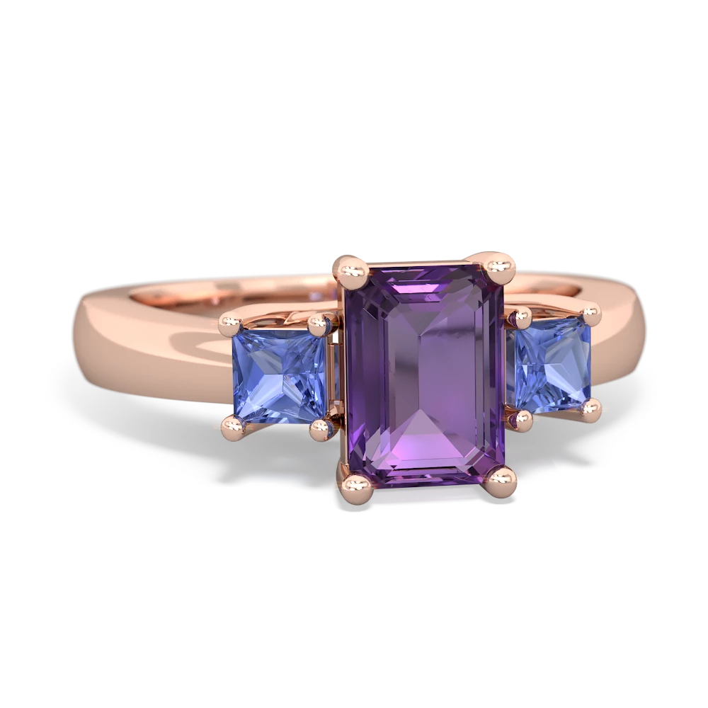 Amethyst Three Stone Emerald-Cut Trellis 14K Rose Gold ring R4021