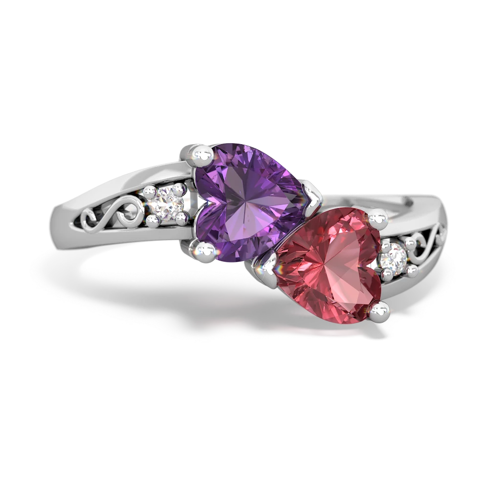 Amethyst Snuggling Hearts 14K White Gold ring R2178