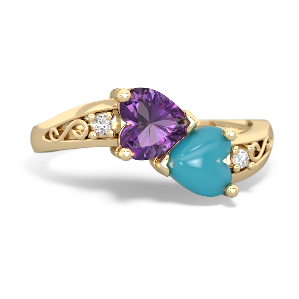 Amethyst Snuggling Hearts 14K Yellow Gold ring R2178