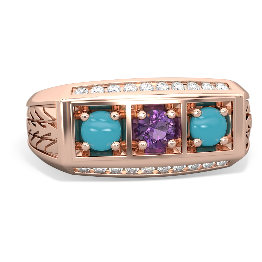 Amethyst Three Stone Tire Tread Men's 14K Rose Gold ring R0520