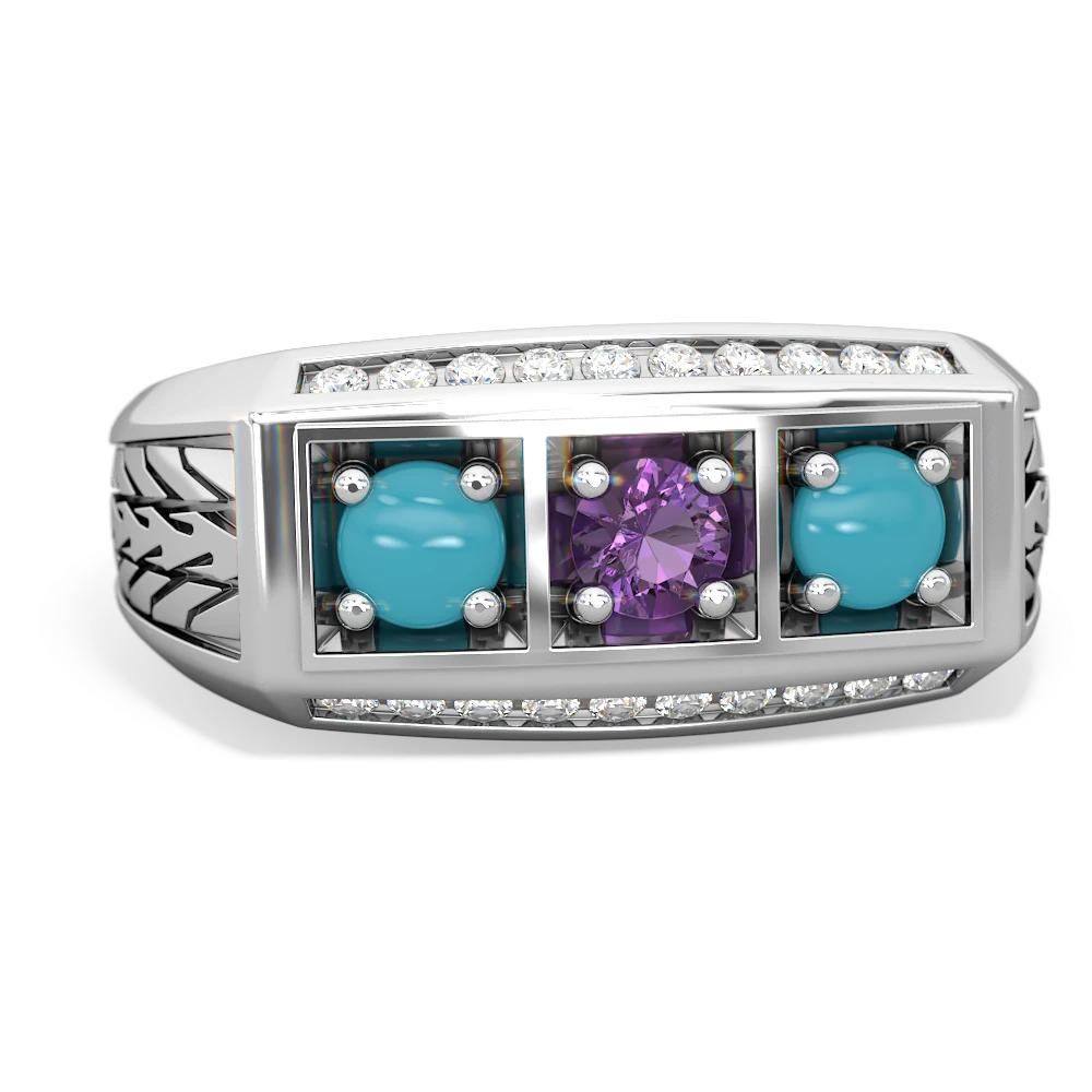 Amethyst Three Stone Tire Tread Men's 14K White Gold ring R0520