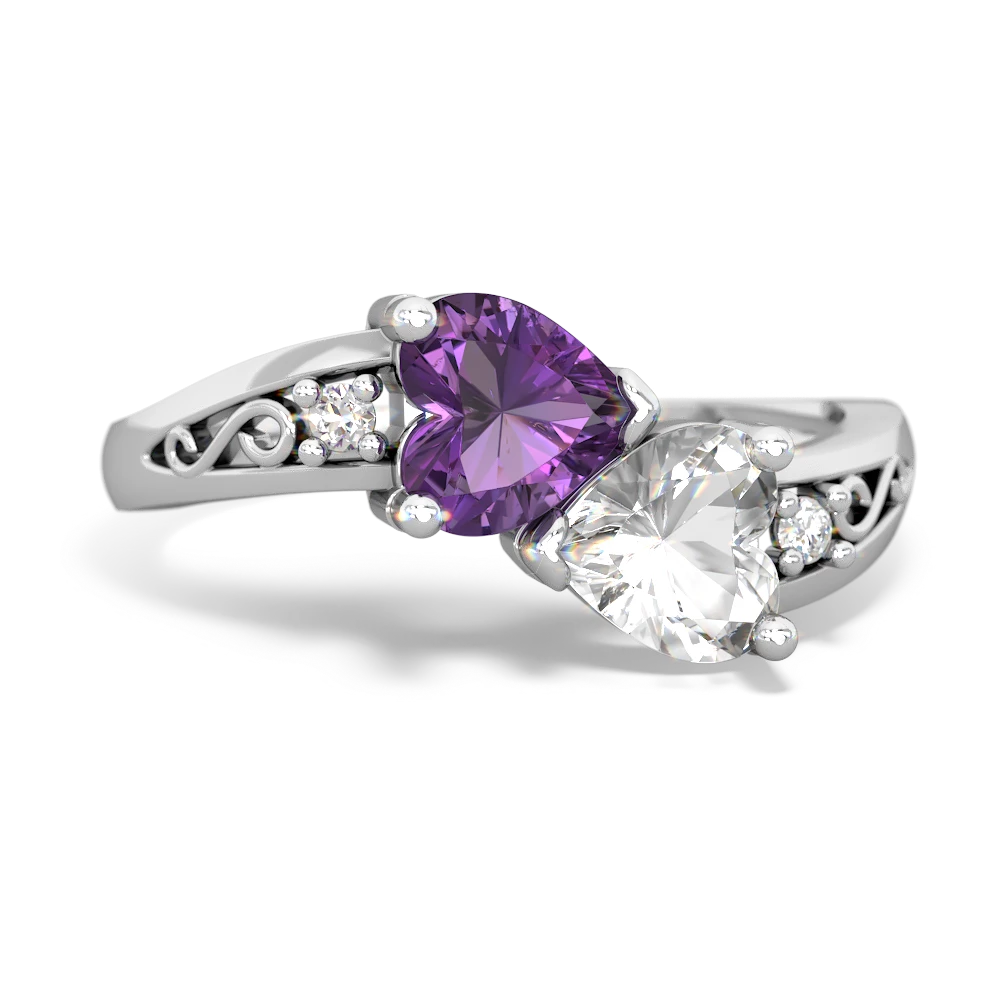 Amethyst Snuggling Hearts 14K White Gold ring R2178