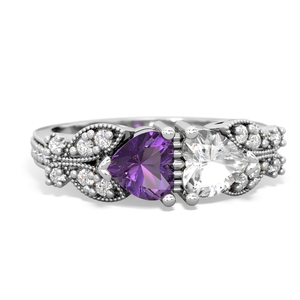 Amethyst Diamond Butterflies 14K White Gold ring R5601