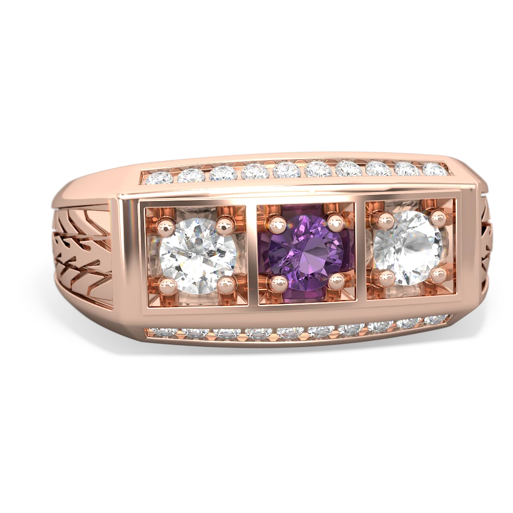 Amethyst Three Stone Tire Tread Men's 14K Rose Gold ring R0520