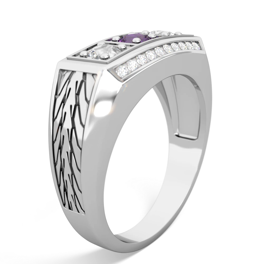 Amethyst Three Stone Tire Tread Men's 14K White Gold ring R0520