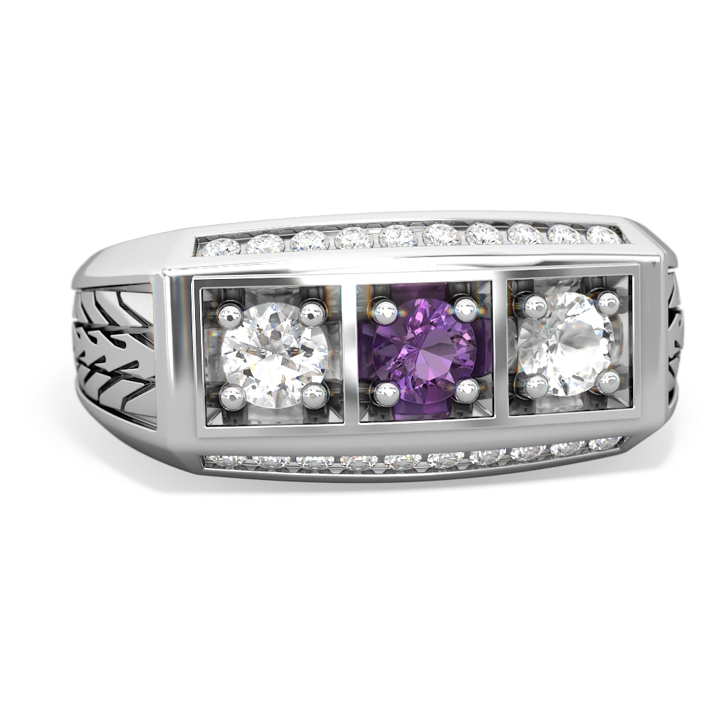 Amethyst Three Stone Tire Tread Men's 14K White Gold ring R0520