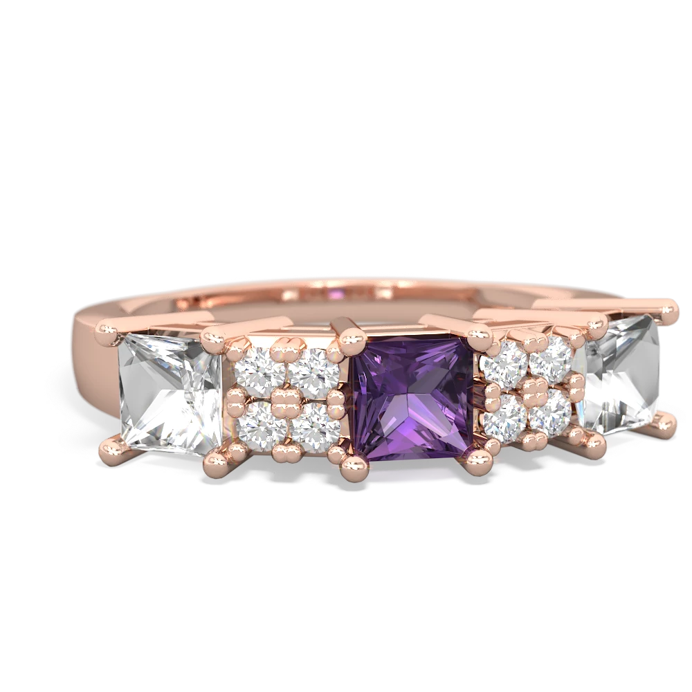 Amethyst Three Stone Diamond Cluster 14K Rose Gold ring R2592