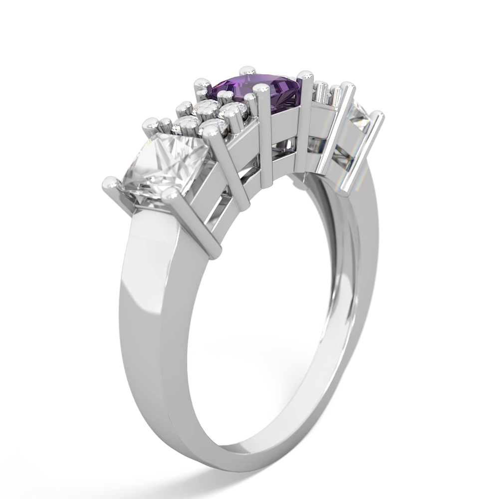 Amethyst Three Stone Diamond Cluster 14K White Gold ring R2592