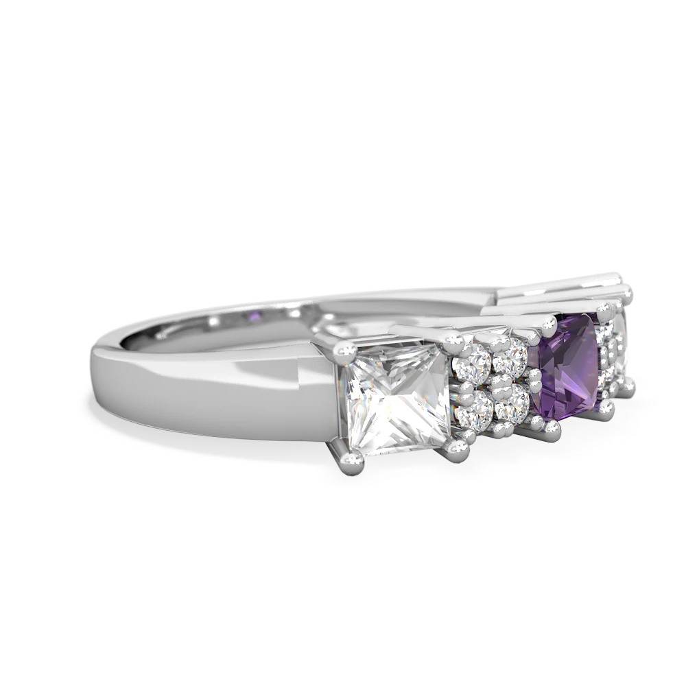 Amethyst Three Stone Diamond Cluster 14K White Gold ring R2592