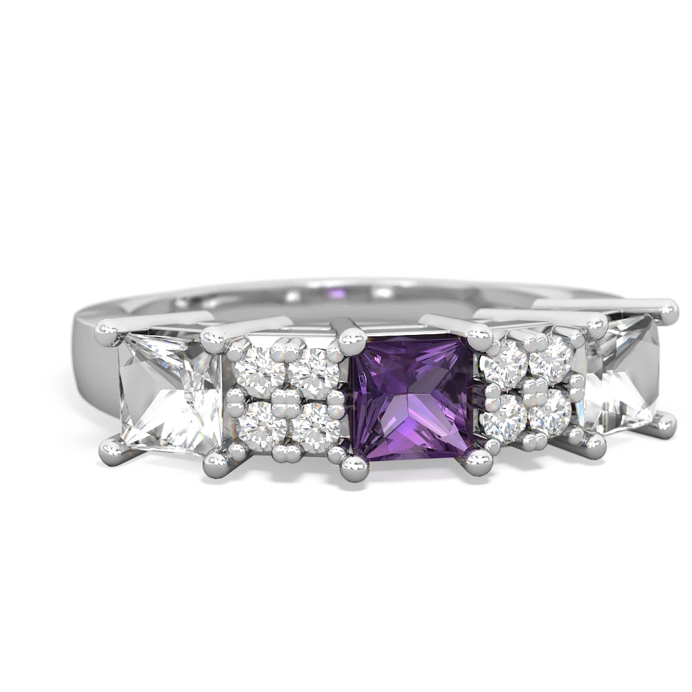 Amethyst Three Stone Diamond Cluster 14K White Gold ring R2592