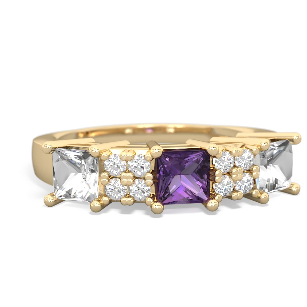 Amethyst Three Stone Diamond Cluster 14K Yellow Gold ring R2592