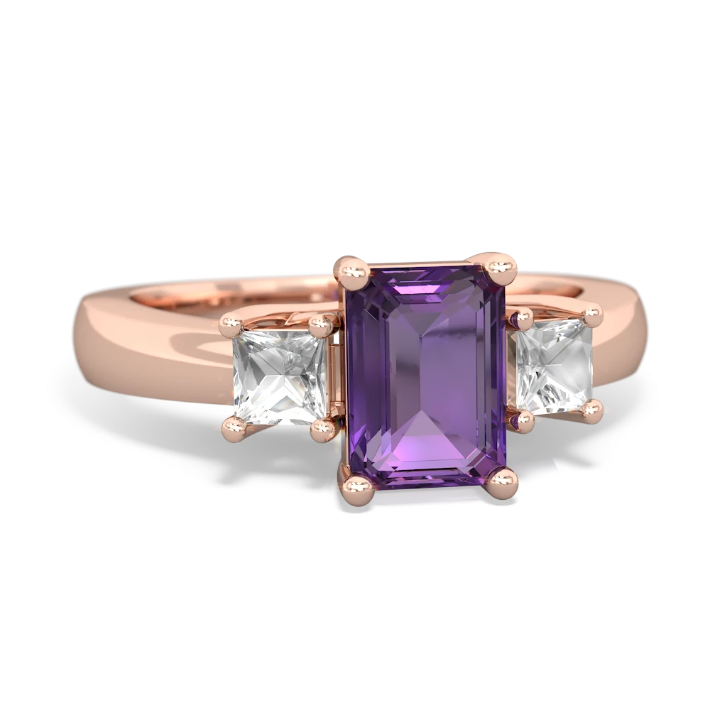 Amethyst Three Stone Emerald-Cut Trellis 14K Rose Gold ring R4021