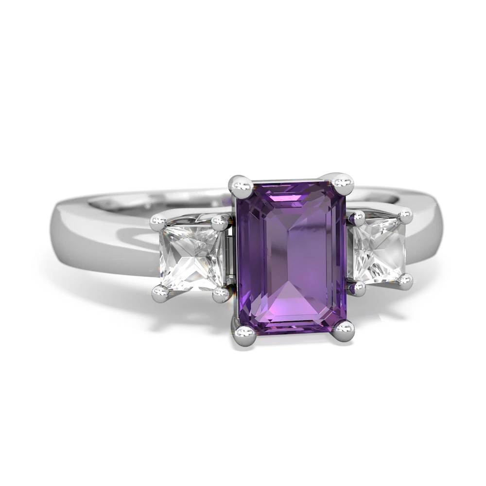 Amethyst Three Stone Emerald-Cut Trellis 14K White Gold ring R4021