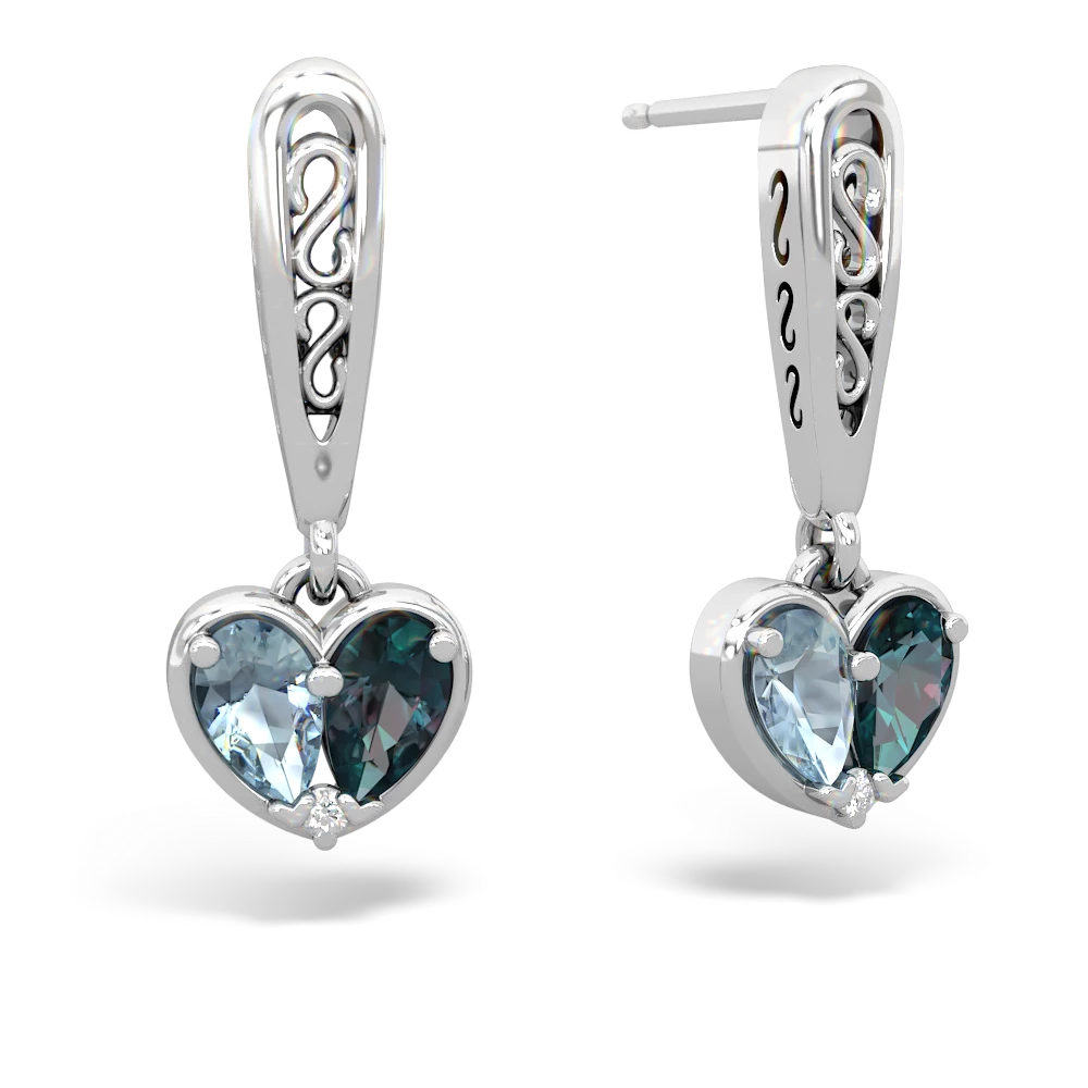 Aquamarine Filligree Heart 14K White Gold earrings E5070