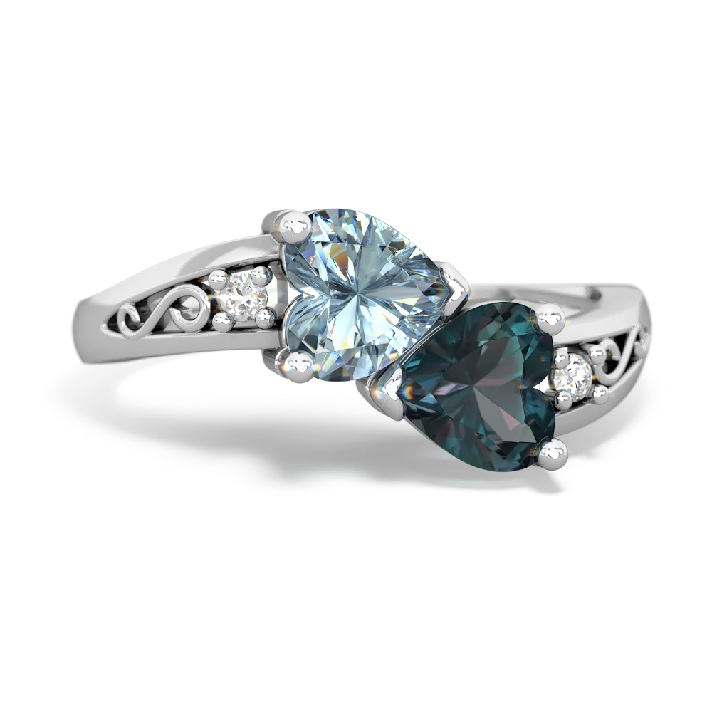 Aquamarine Snuggling Hearts 14K White Gold ring R2178