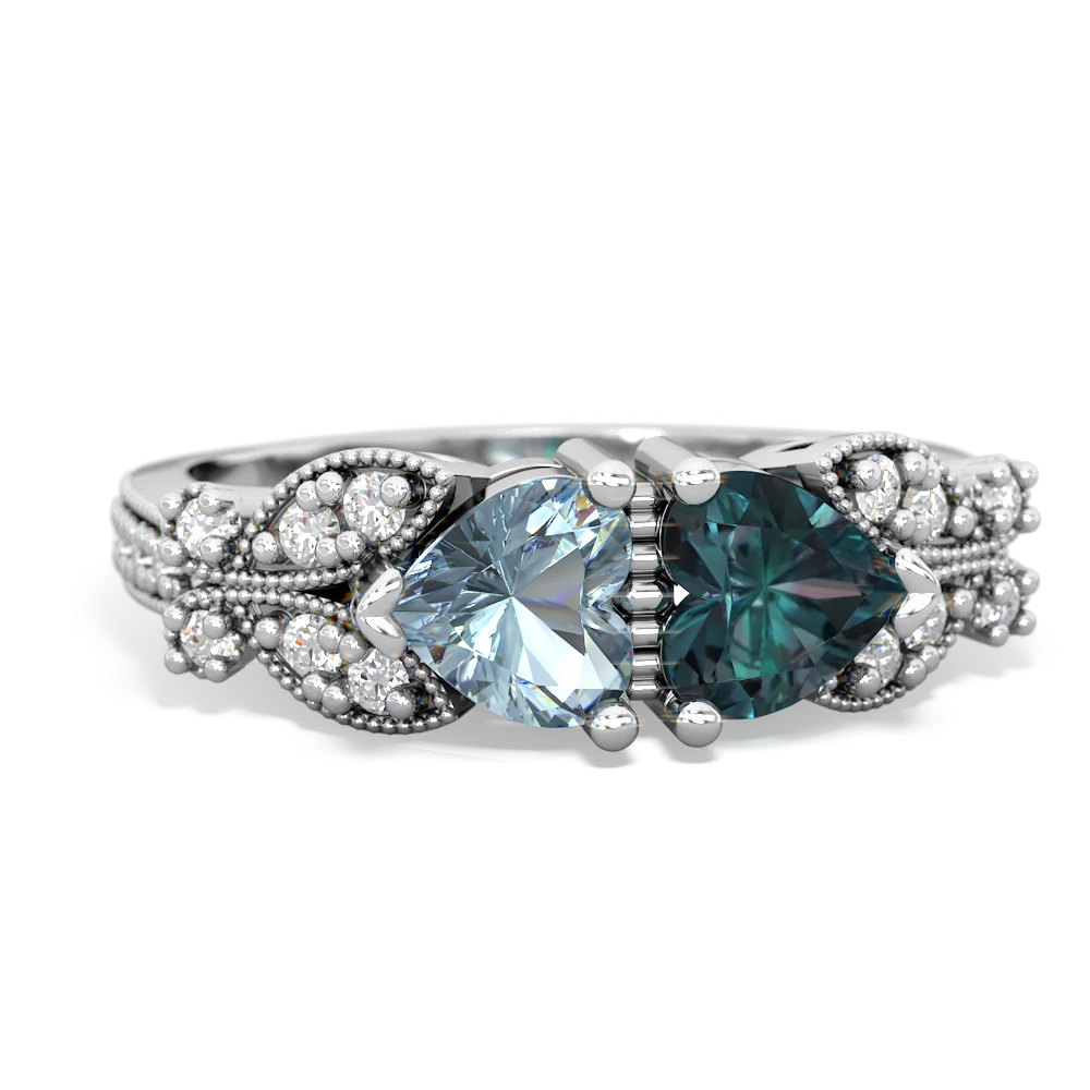 Aquamarine Diamond Butterflies 14K White Gold ring R5601