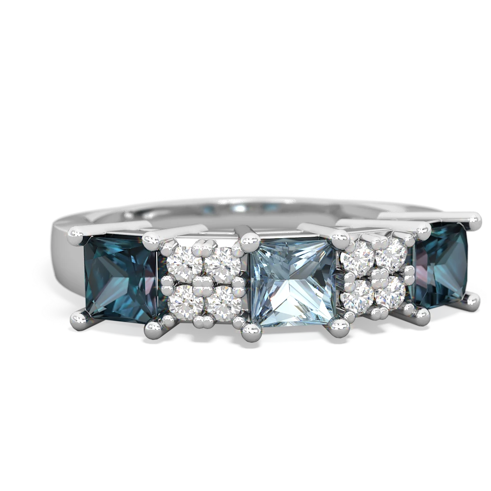 Aquamarine Three Stone Diamond Cluster 14K White Gold ring R2592