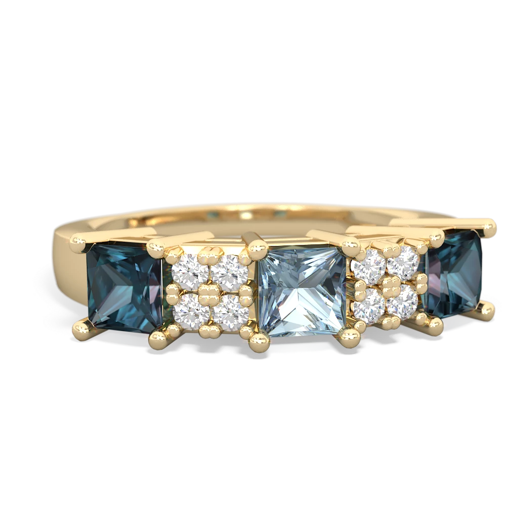 Aquamarine Three Stone Diamond Cluster 14K Yellow Gold ring R2592