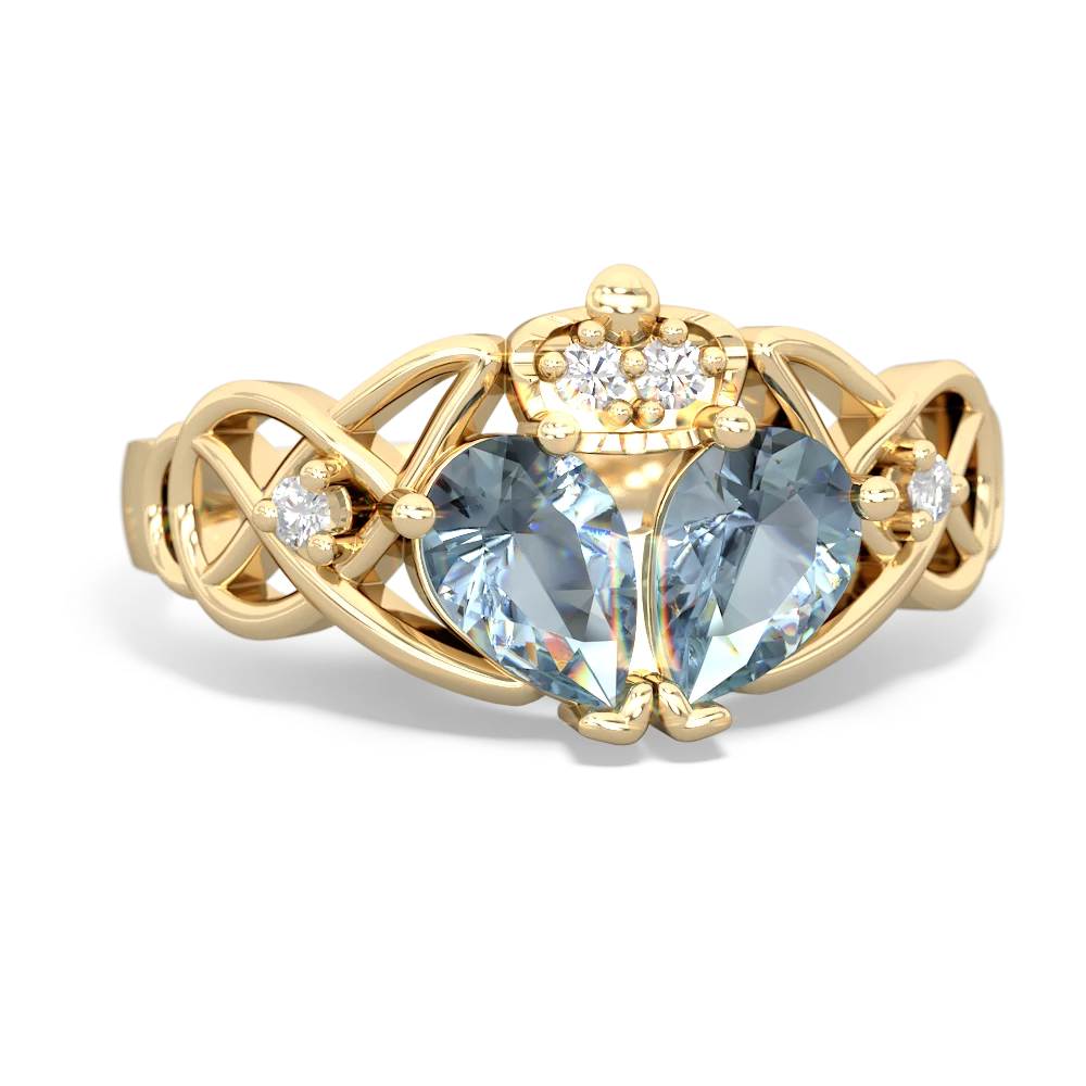 Aquamarine 'One Heart' Celtic Knot Claddagh 14K Yellow Gold ring R5322