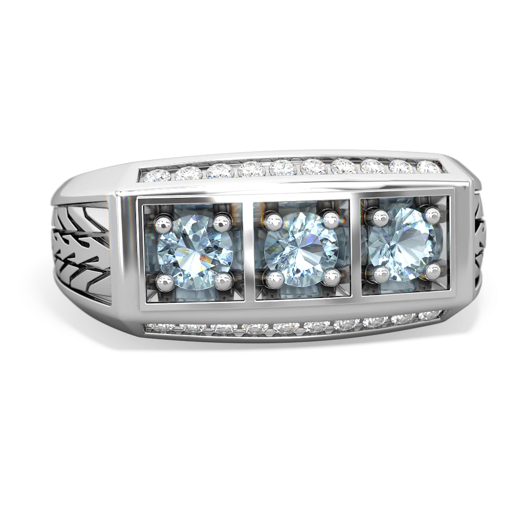 Blue Topaz Three Stone Tire Tread Men's 14K White Gold ring R0520