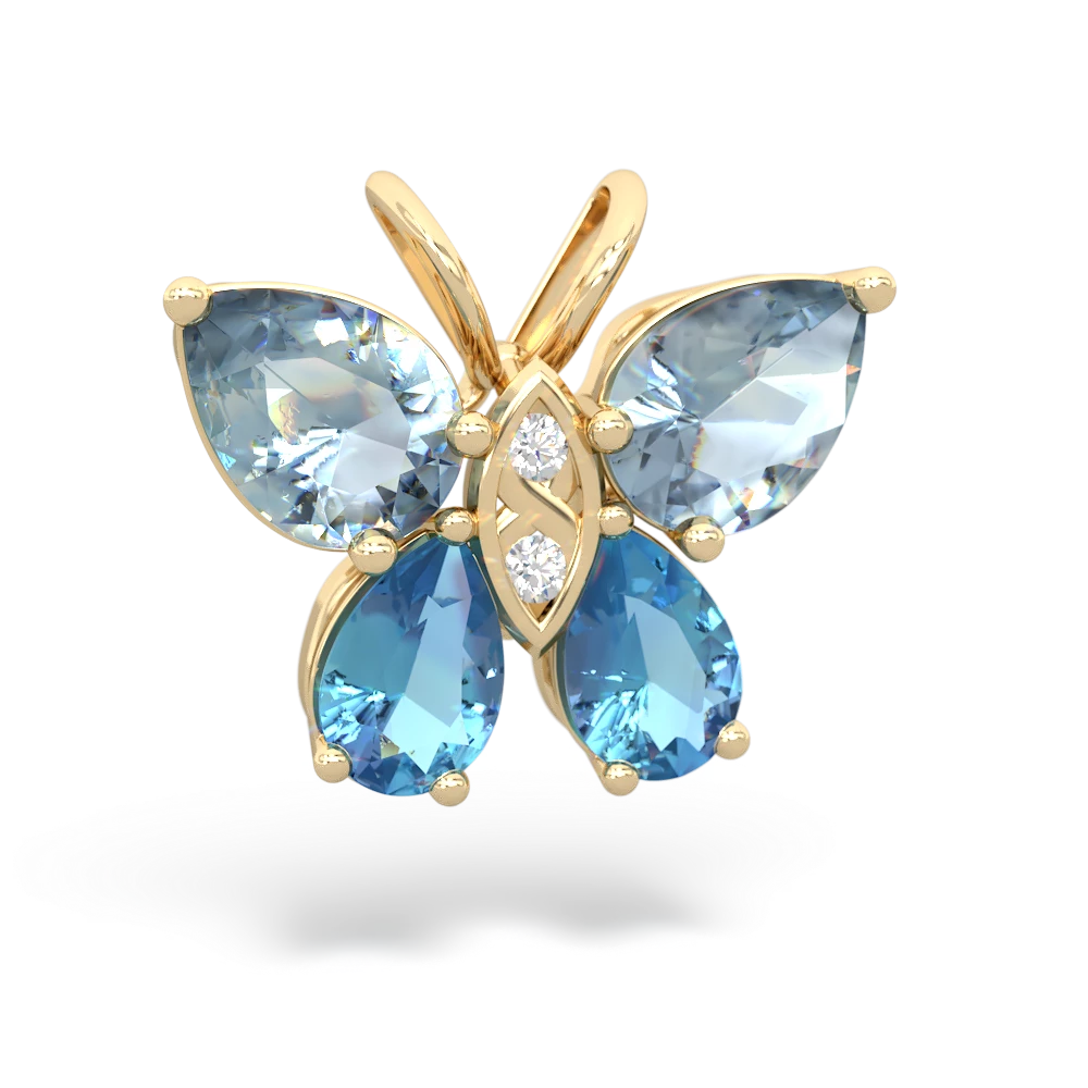 14K Yellow Gold Aquamarine with Blue Topaz Butterfly Necklace