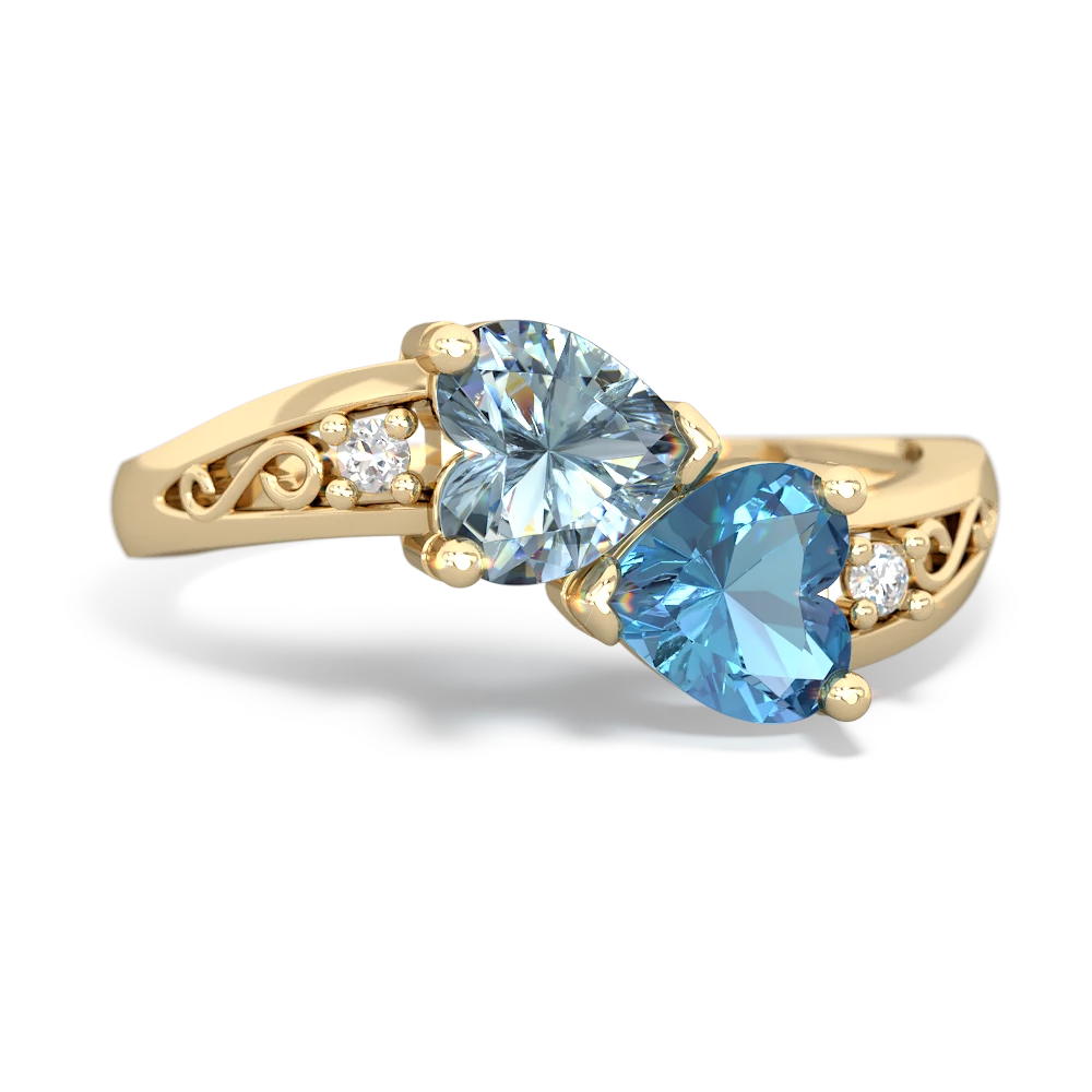 Aquamarine Snuggling Hearts 14K Yellow Gold ring R2178