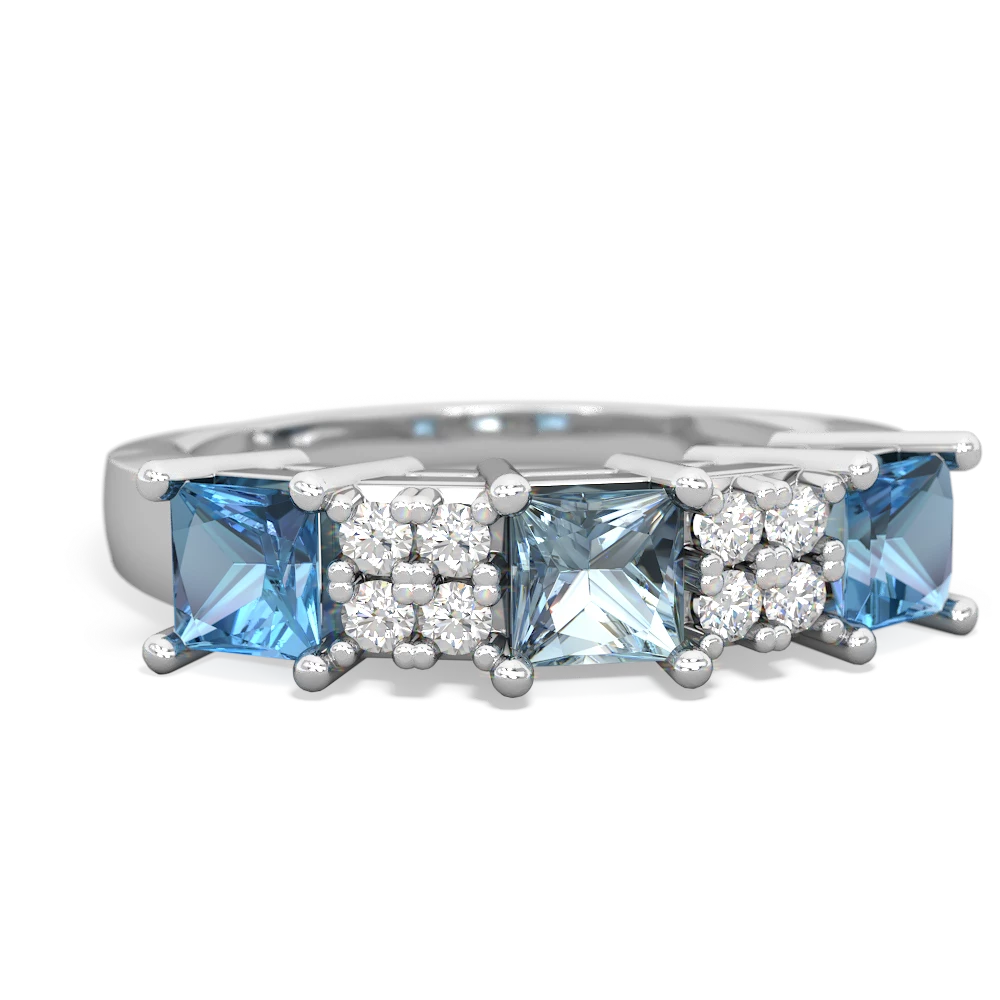 Aquamarine Three Stone Diamond Cluster 14K White Gold ring R2592