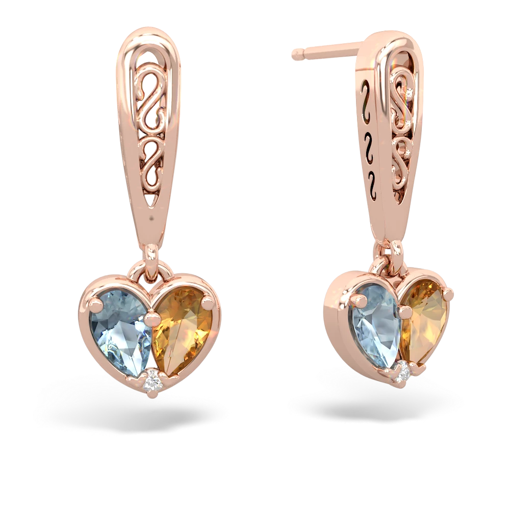 Aquamarine Filligree Heart 14K Rose Gold earrings E5070