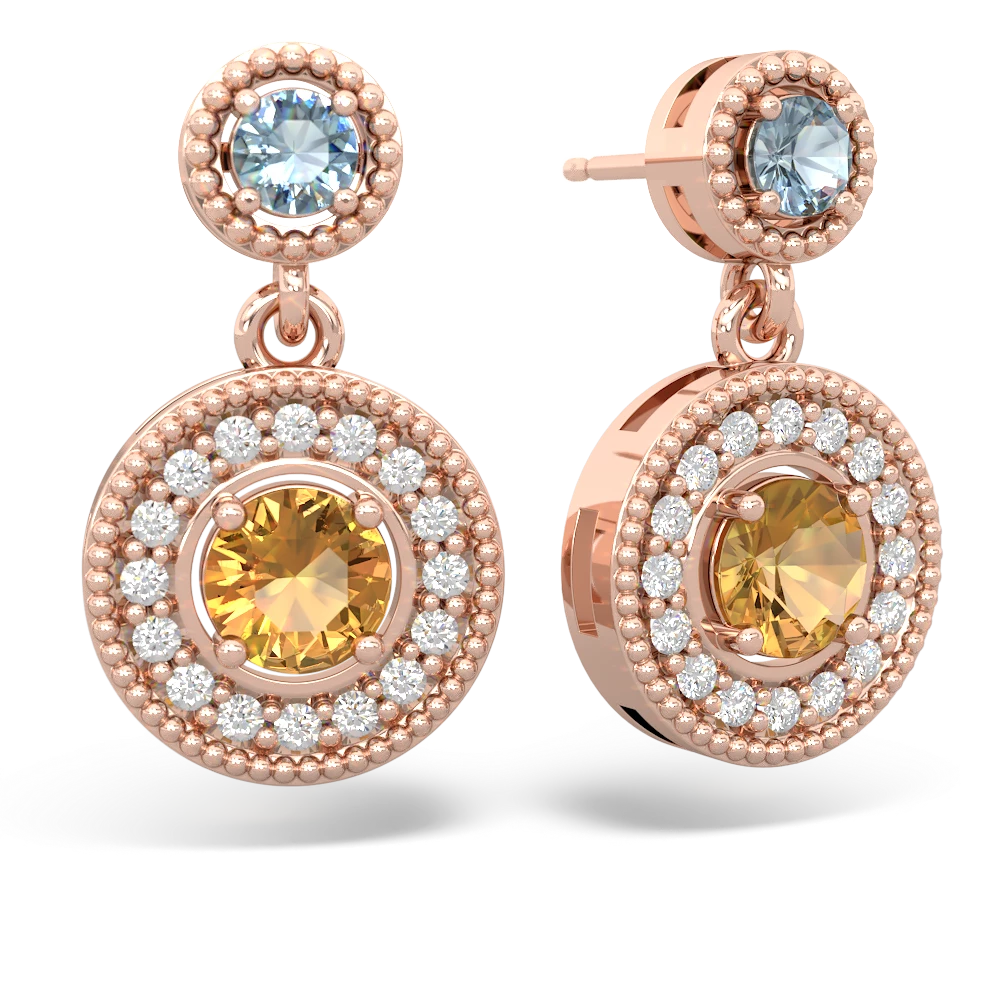 Aquamarine Halo Dangle 14K Rose Gold earrings E5319