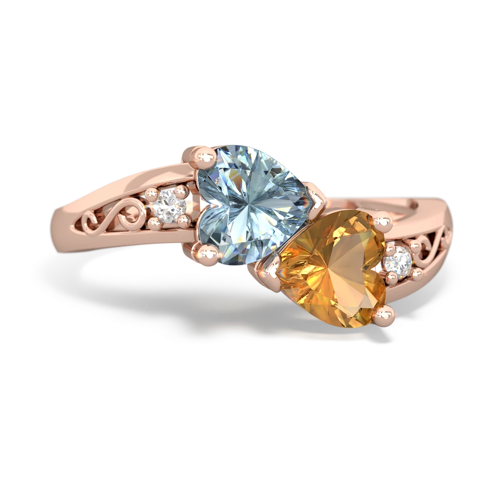 Aquamarine Snuggling Hearts 14K Rose Gold ring R2178