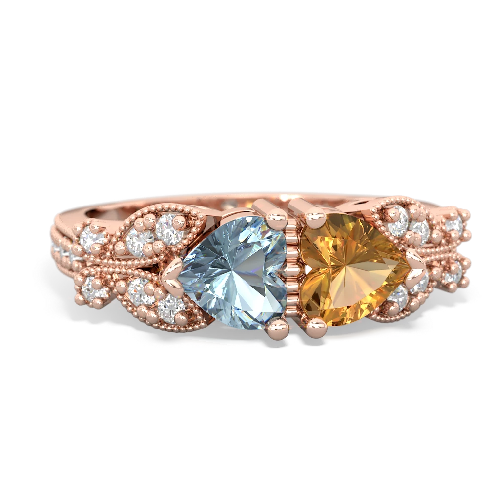 Aquamarine Diamond Butterflies 14K Rose Gold ring R5601